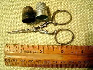 Vintage Germany Small Embroidery Scissors Decorative Handles & 2 Thimbles