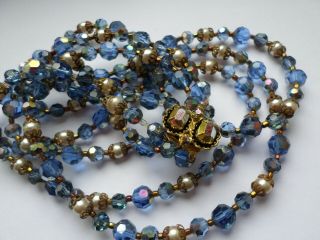 Vintage Triple Stranded Blue Facet Cut Glass & Faux Pearl Necklace