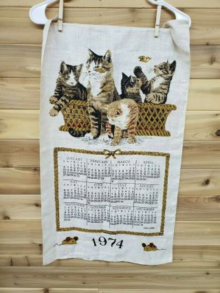 Vintage 1974 Linen Calendar Towel Cats Kittens