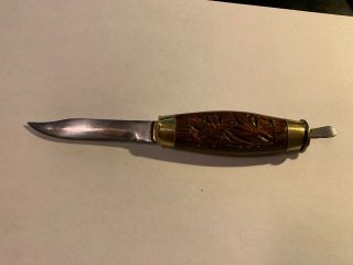 Vintage Bubinga Type Handle Hand Carved Wood Folk Art Knife Brass Stainless