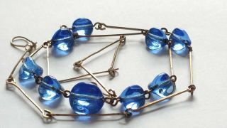 Czech Vintage Art Deco Blue Glass Bead Necklace Rolled Gold Links