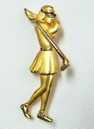 Jj Gold Tone Woman Golf Club Brooch Pin Jewelry Signed Lady Vintage Accessory
