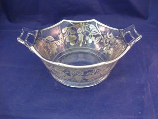 Vintage 8 Sided Glass Bowl W Silver Overlay And Handles - Really
