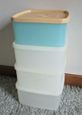 Vtg.  Tupperware Set Of 4 Rounded Square Freezer Storage Boxes 311 - 16oz & Seals