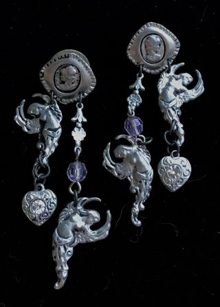 Vintage Silver Tone Angels Hearts Rhinestone Dangle Pierced Earrings 2 3/4 " M038
