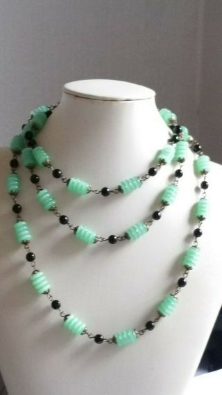 Czech Very Long Opaque Green/black Glass Bead Necklace Vintage Deco Style