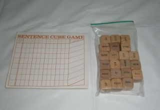 Vintage 1971 Scrabble Sentence Cube Game 21 Wood Word Cubes Tiles,  Score Sheets