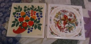 2 Floral Vintage Berggren Swedish Ceramic Tile Signed