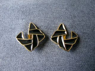 Vintage Signed Trifari Black Enamel Golden Metal Modernist Earrings