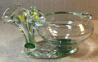 Ashtray Vintage Hand Blown Glass Floral Design With Green Yellow And Blue