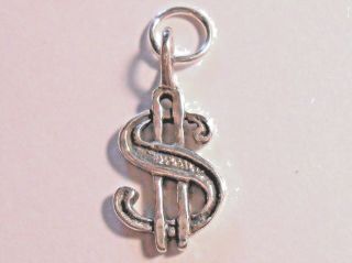 Vintage Sterling Silver Charm,  " Dollar Sign ",  Tender Currency Lucky Fortune