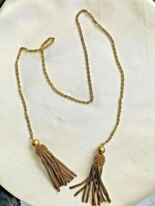 Vintage Gold Tone Chain Tassel Ends Tie On Necklace Collar Drawstring 24 "