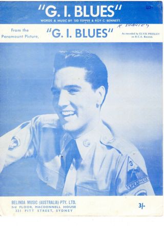 Elvis Presley G.  I.  Blues Vintage Australian Sheet Music 1960 Tepper & Bennett