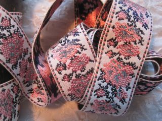 Vintage French Ivory,  Pink And Blue Jacquard Flower Ribbon Trim 2 Yards