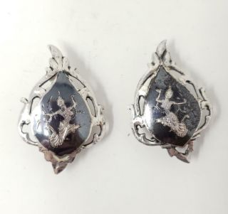 Vintage Siam Sterling Silver Niello Ware Goddess Clip On Earrings