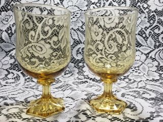 Vintage Pair 2 Honey Amber Stemmed Wine / Water Goblets Glasses Hexagonal Foot