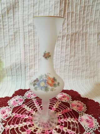 Vintage Frosted Glass Stem Vase With Hand Painted Flowers Norleans Italy