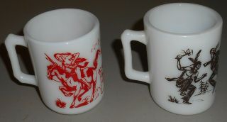 2 Different Vintage Davy Crockett Milk Glass Mugs Red & Black Graphics