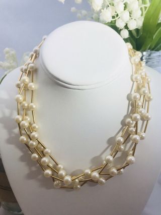 STUNNING VINTAGE SIGNED AVON FAUX PEARL GOLD TONE MULTI STRAND NECKLACE 16” 2