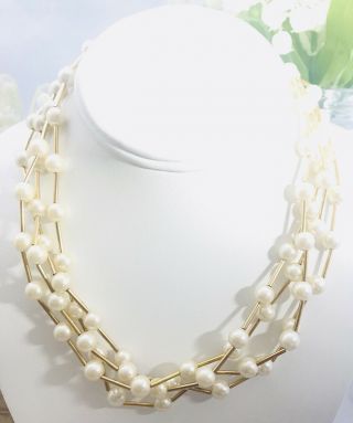 STUNNING VINTAGE SIGNED AVON FAUX PEARL GOLD TONE MULTI STRAND NECKLACE 16” 3