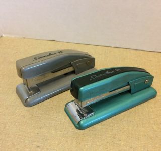 2 Vintage Swingline Staplers Model 99 Two Tone Green & Grey Retro Small