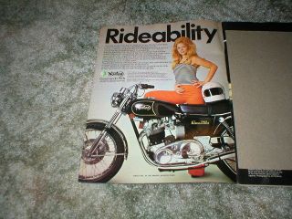 1972 Norton Commando 750 Cycle Ad With Red Head Girl Rideability Vintage