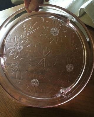 Vintage Pink Depression Glass Footed Cake Plate,  Sunflower Design