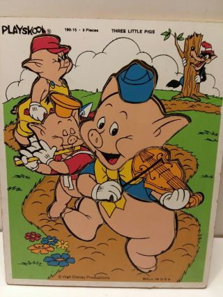 Vintage Playskool Wooden Childrens Tray Puzzle 190 - 15 Three Little Pigs Disney