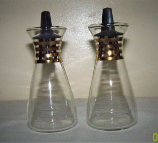 Vintage Pyrex Salt & Pepper Shakers - Clear With Gold Bands - Black Tops
