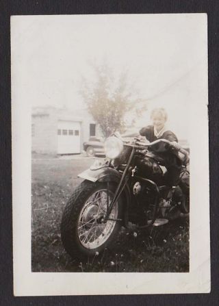 Old Indian? Motorcycle Kid Riding Dads Bike Old/vintage Photo Snapshot - F379