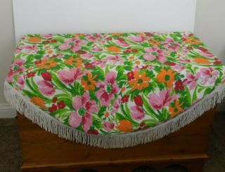 Tablecloth Vintage Retro Terrycloth Pink Green Multi Floral Mcm Fringe 48x46 "