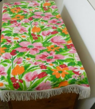 Tablecloth Vintage Retro Terrycloth Pink Green Multi Floral MCM Fringe 48X46 