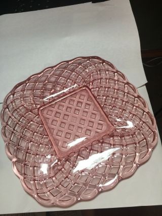 TRELLIS Vintage PINK Square L.  E.  SMITH Pressed Glass 8 3/4 INCH Plate 2