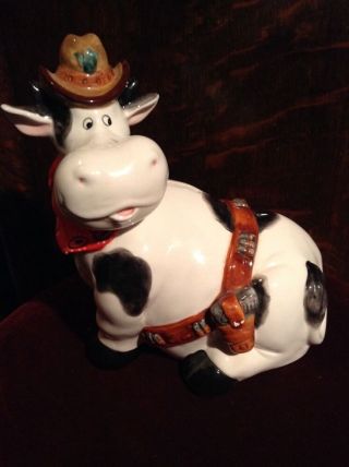 Vintage Cow Bank Ceramic Holstein Milk Cow Piggy Bank Cowboy Dairy