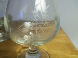 Vintage 3 Clipper Ship Schooner Sailing BRANDY SNIFTER GLASSES etched 2