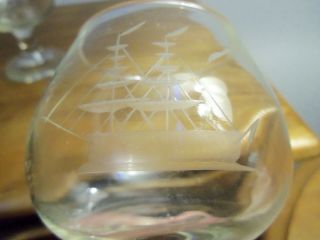 Vintage 3 Clipper Ship Schooner Sailing BRANDY SNIFTER GLASSES etched 3
