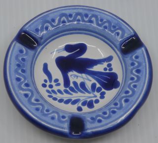 Vintage Puebla Mexico Hand Painted Art Pottery Ashtray,  Blue & White,  Bird