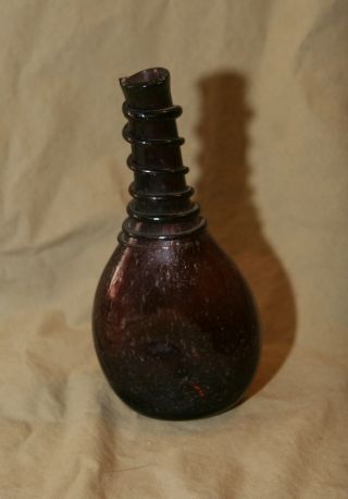 Vintage Antique 8 " Hand Blown Amber Bottle W Decorative Neck Badly Broken Pontil