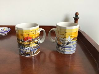 Vintage Otagiri Coffee Mugs Cups Set Of 3 - Sailboats & Seagulls - Made In Japan