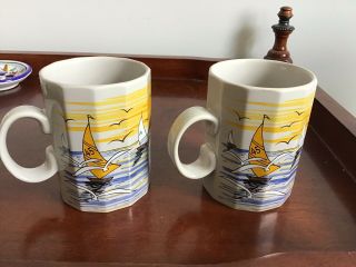 VINTAGE OTAGIRI COFFEE MUGS CUPS SET OF 3 - Sailboats & Seagulls - Made in Japan 3