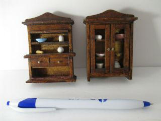 Vintage Doll House Miniatures Stained Wood Cabinet Hutch Shelf Doors Open 3 - 1/4 "
