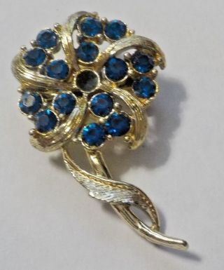 Vintage Blue Rhinestones & Silver Tone Flower Brooch Pin