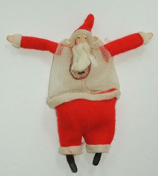 Vtg Old World Santa Mesh Net Bag Candy Container Ornament 8 " Cotton Felt Clay