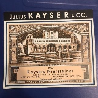 Rare Vintage Julius Kayser & Co.  Light White Rhine Wine Label Germany 1959
