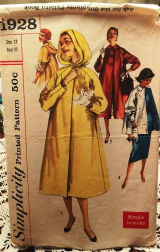 Vtg 1950s Simplicity 1928 Coat W/wo Hood Raglan Sleeve Bust 32 Sewing Pattern