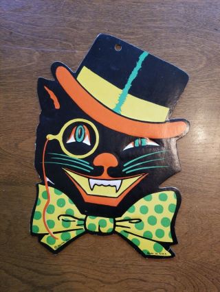Vintage Beistle Halloween Embossed Black Cat In Top Hat Die Cut