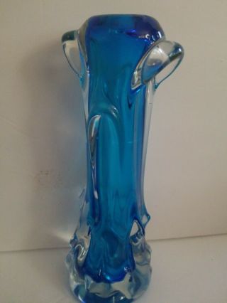 Unusual Vtg Murano Blue & Clear Heavy Art Glass Vase