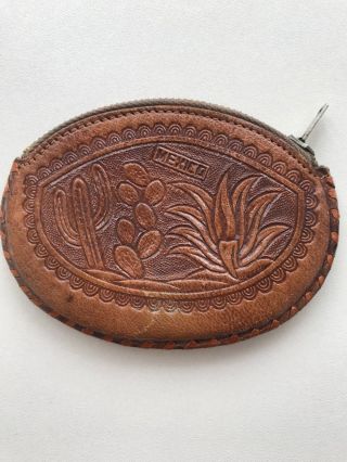 Vintage Mexico Hand Tooled Embossed Leather Wallet Coin Zipper Purse L