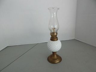 Vintage Milk Glass Hobnail Hurricane Table Desk Small Lamp 10.  5 " Brass Base
