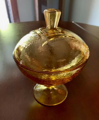 Vintage Mid Century Modern Amber Glass Pedestal Compote Candy Dish With Lid